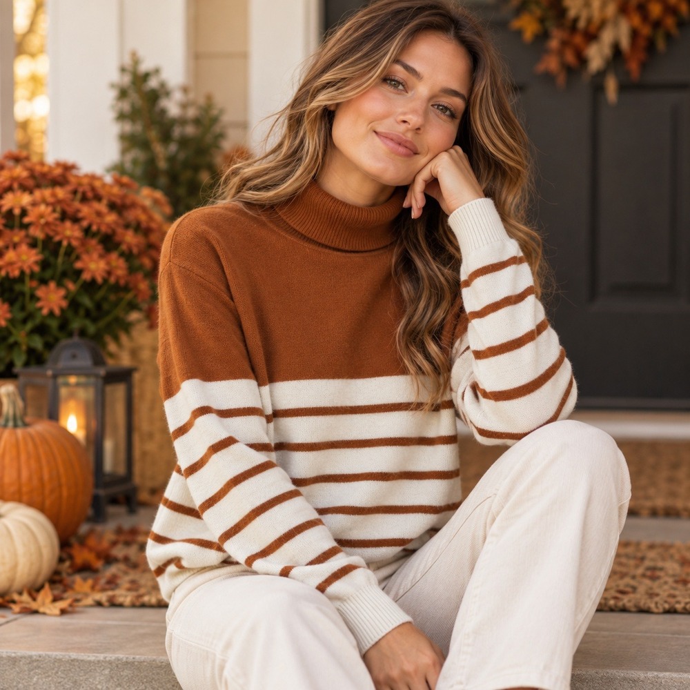 Sucrefas Womens Turtleneck Sweater Rust Brown White Striped Long Sleeve Size M